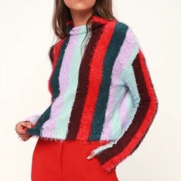 Blank NYC The Mad Hatter Sweater Eyelash Black Stripes Mock Neck Soft Top M NEW - Picture 2 of 11